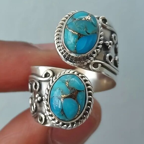 Boho Faux Turquoise Scroll Adjustable Spoon Ring #1312 - Picture 11 of 14